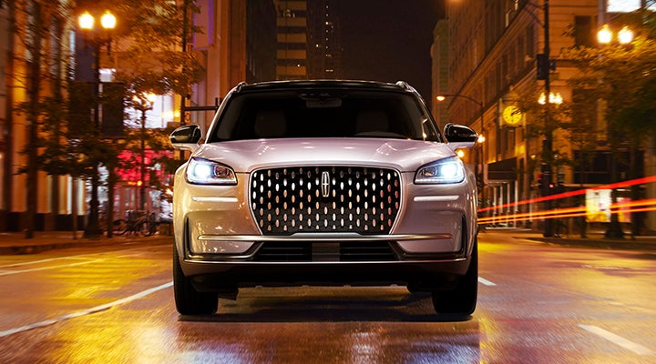 The striking grille of a 2024 Lincoln Corsair® SUV is shown. | Hooks Lincoln in Fort Worth TX